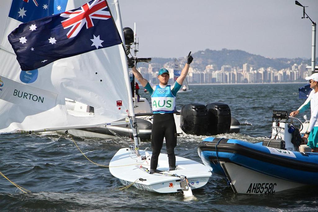 Tom Burton (AUS) celebrates after winning the Gold medal in the Mens Laser class - 2016 Olympics © Richard Gladwell www.photosport.co.nz